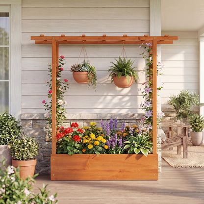 45 inch Tall Wooden Raised Garden Bed with Side Trellis and Hanging Roof-Natural