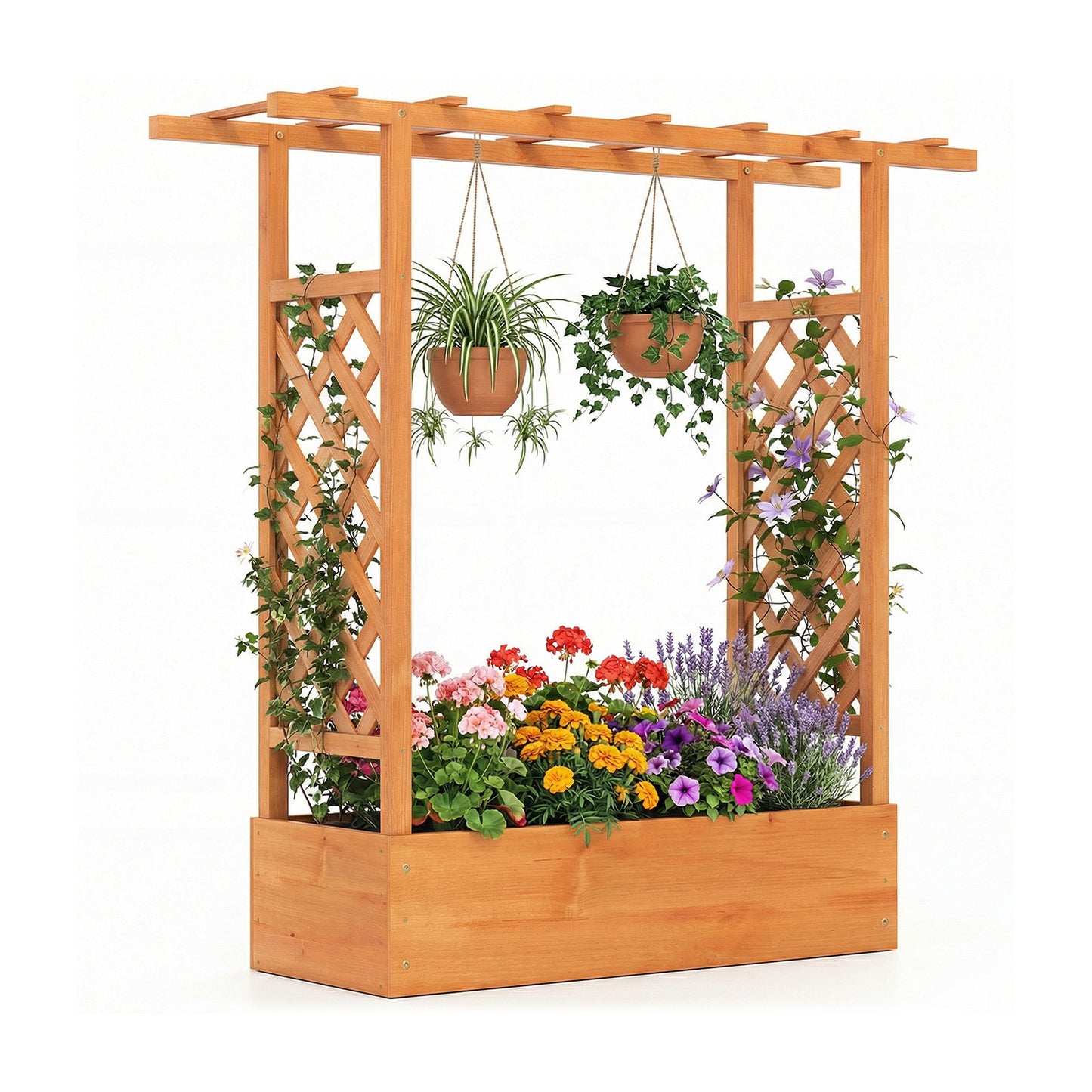 45 inch Tall Wooden Raised Garden Bed with Side Trellis and Hanging Roof-Natural