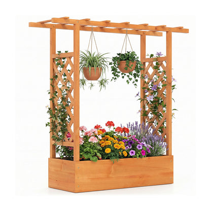 45 inch Tall Wooden Raised Garden Bed with Side Trellis and Hanging Roof-Natural