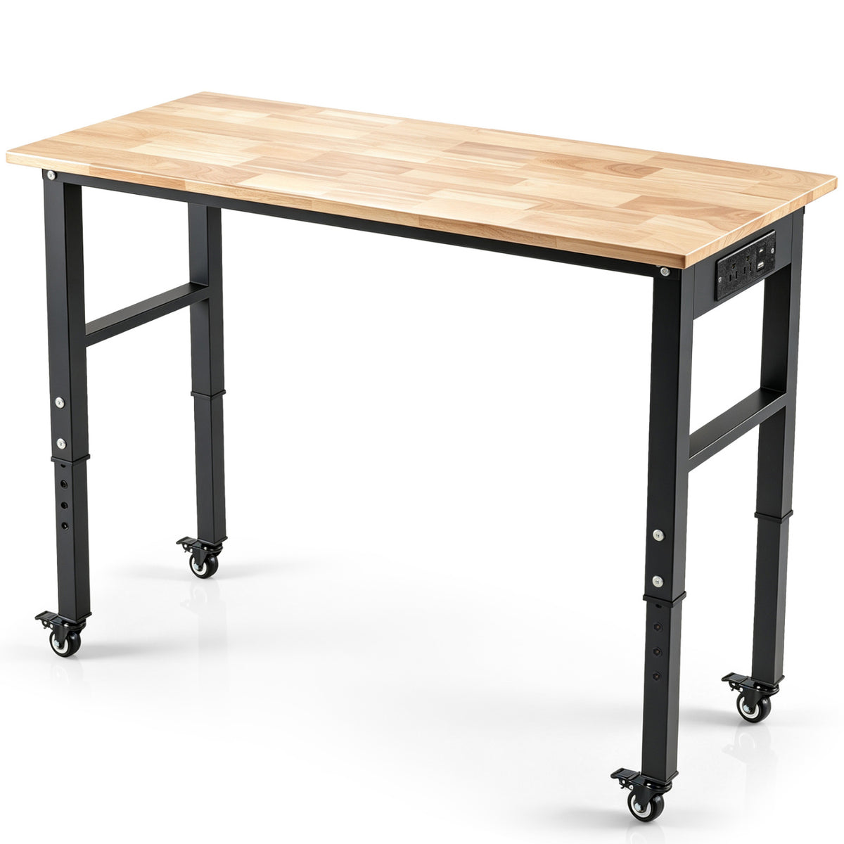 46 Inch Adjustable Height Workbench with Wheels Heavy-Duty Oak Wood Top-Natural