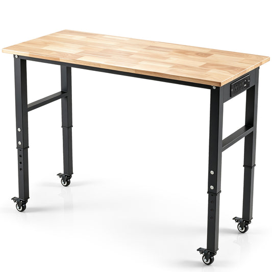 46 Inch Adjustable Height Workbench with Wheels Heavy-Duty Oak Wood Top-Natural