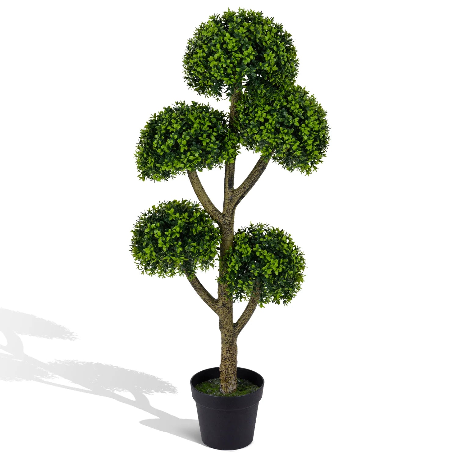 46-inch artificial boxwood topiary tree with five ball-shaped faux greenery potted in a decorative container, ideal for home decor.