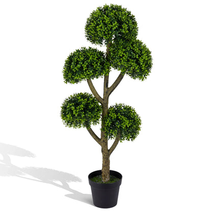 46-inch artificial boxwood topiary tree with five ball-shaped faux greenery potted in a decorative container, ideal for home decor.