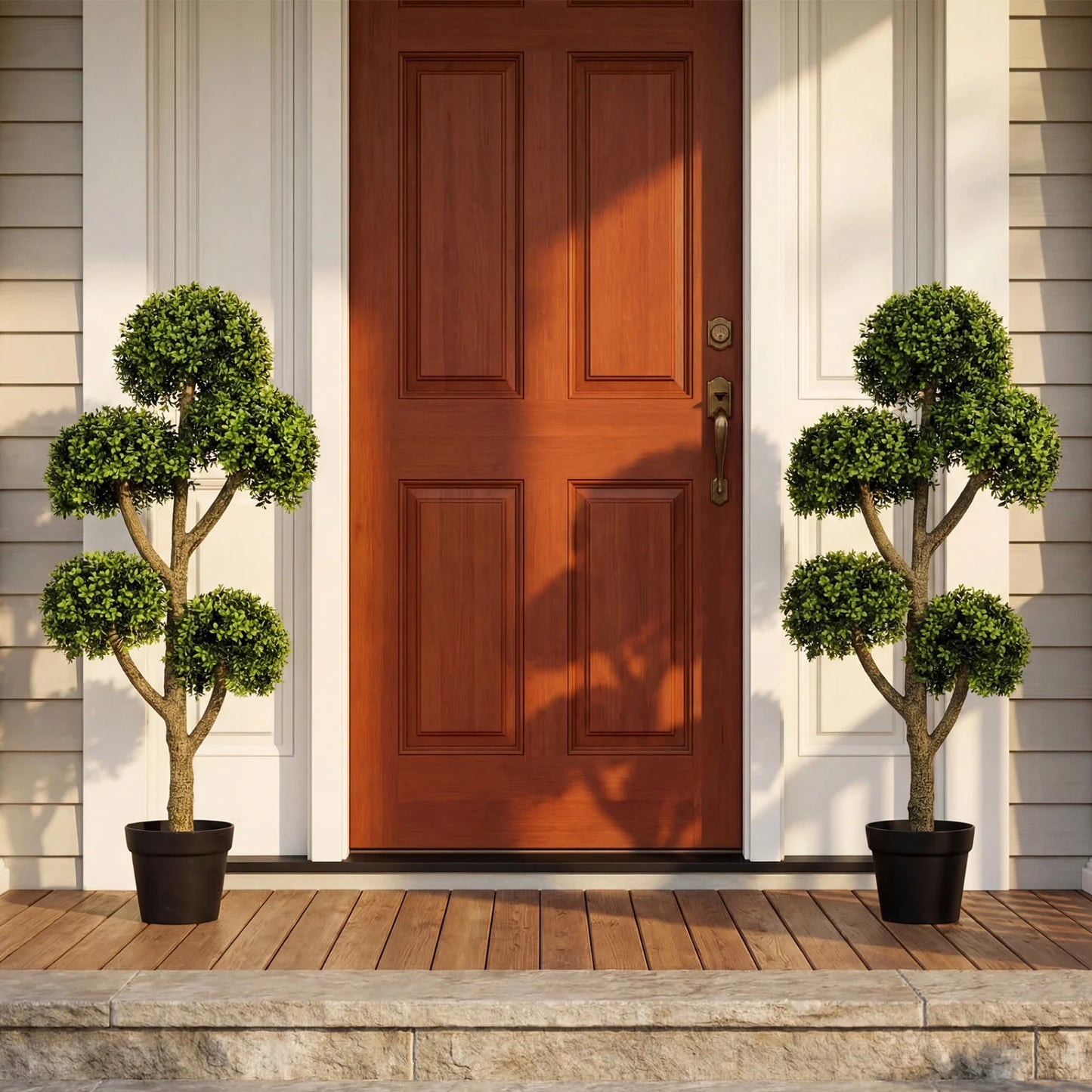 46-inch artificial boxwood topiary tree with five ball-shaped faux greenery potted for home decor.