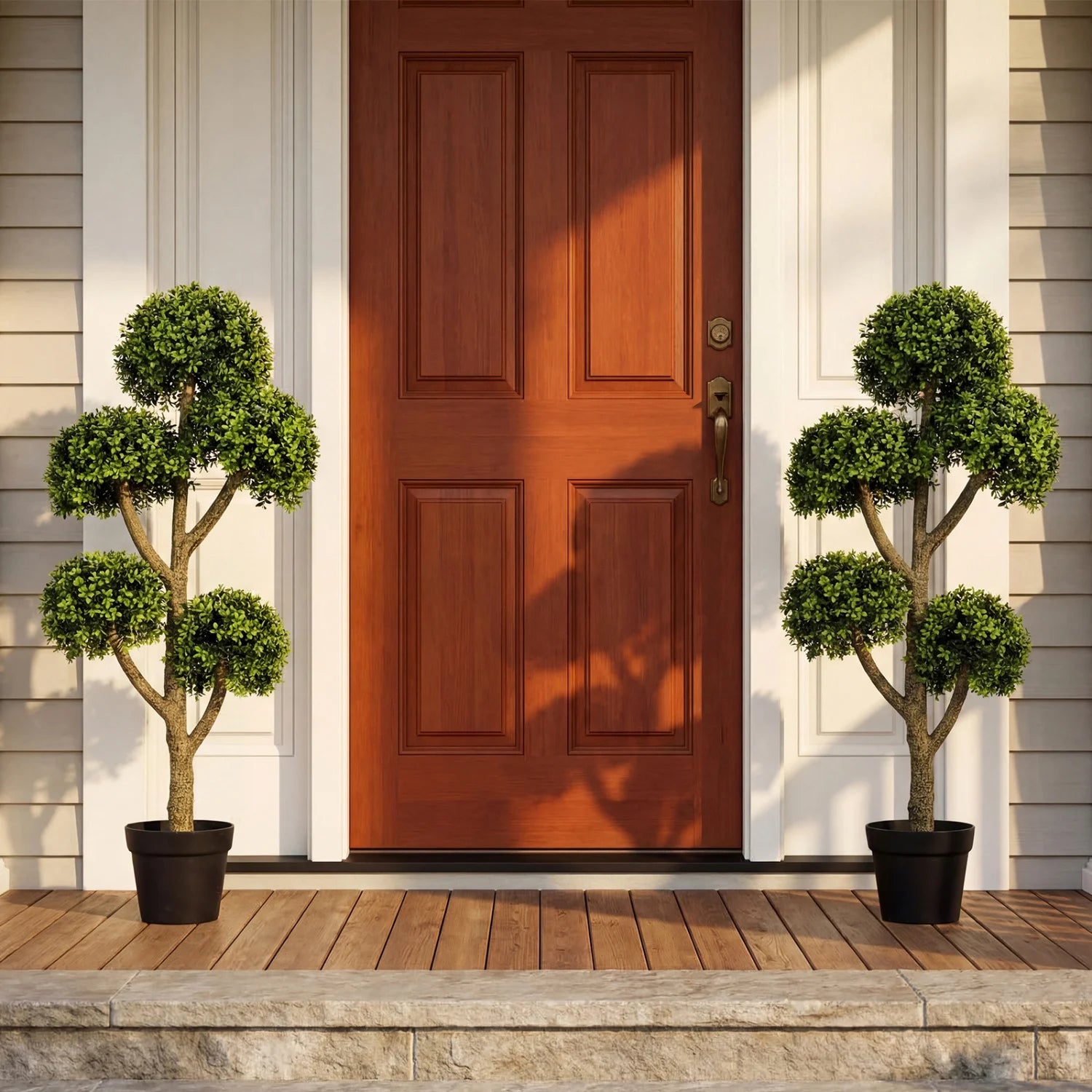 46-inch artificial boxwood topiary tree with five ball-shaped faux greenery potted for home decor.