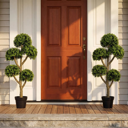 46-inch artificial boxwood topiary tree with five ball-shaped faux greenery potted for home decor.
