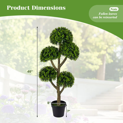 46-inch artificial boxwood topiary tree with five ball-shaped foliage, potted for home decor and faux plant display.