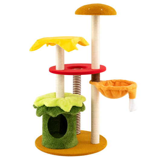 Yellow 46-inch tall cat tree with multi-level platforms, padded perch, and hanging basket bed for cats.