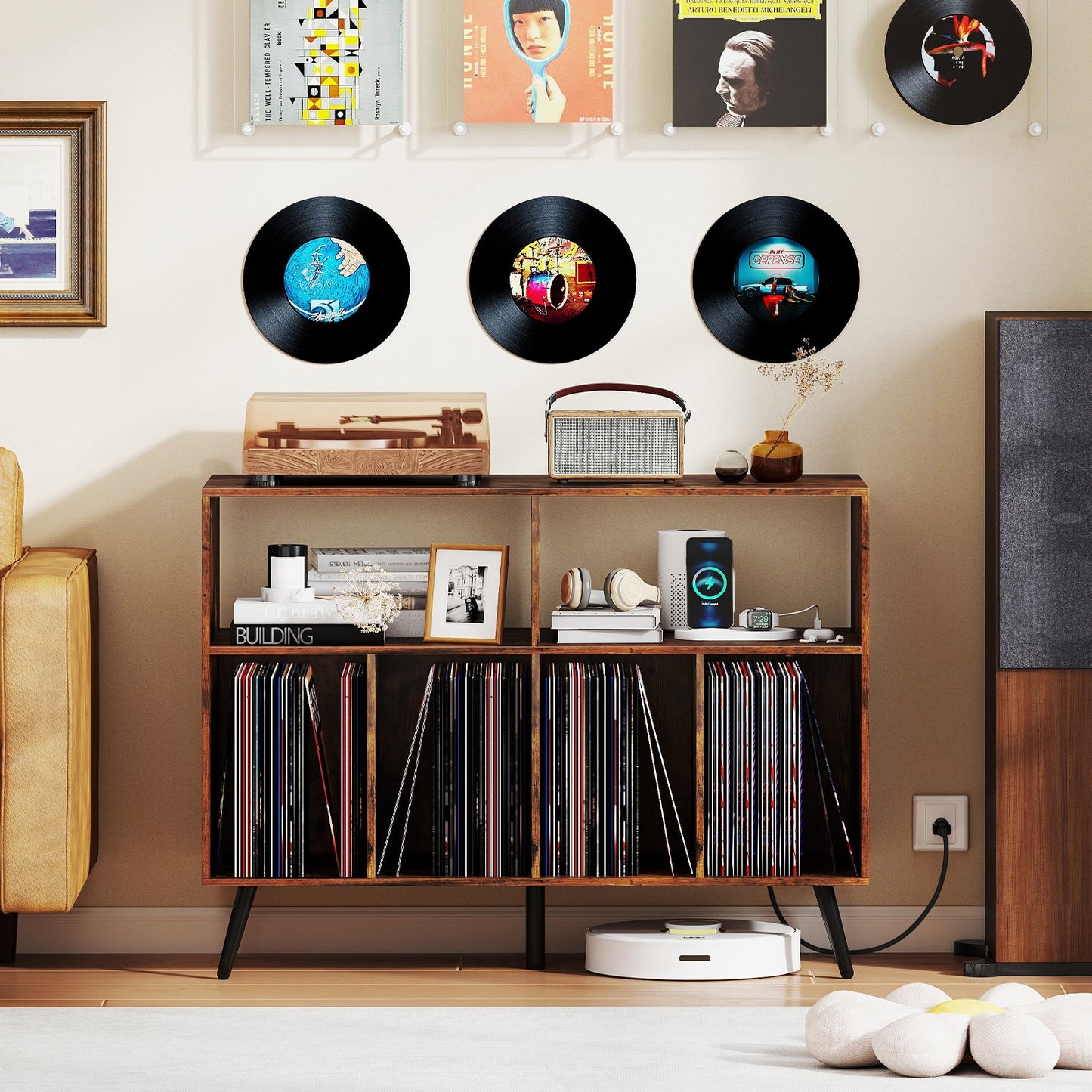 Record Player Stand with Charging Station and Open Shelves-Rustic Brown