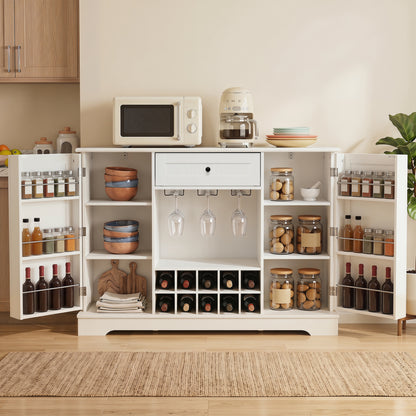 White 47.2-inch sideboard cabinet with door shelves and 10-bottle wine rack, ideal for kitchen or dining storage.