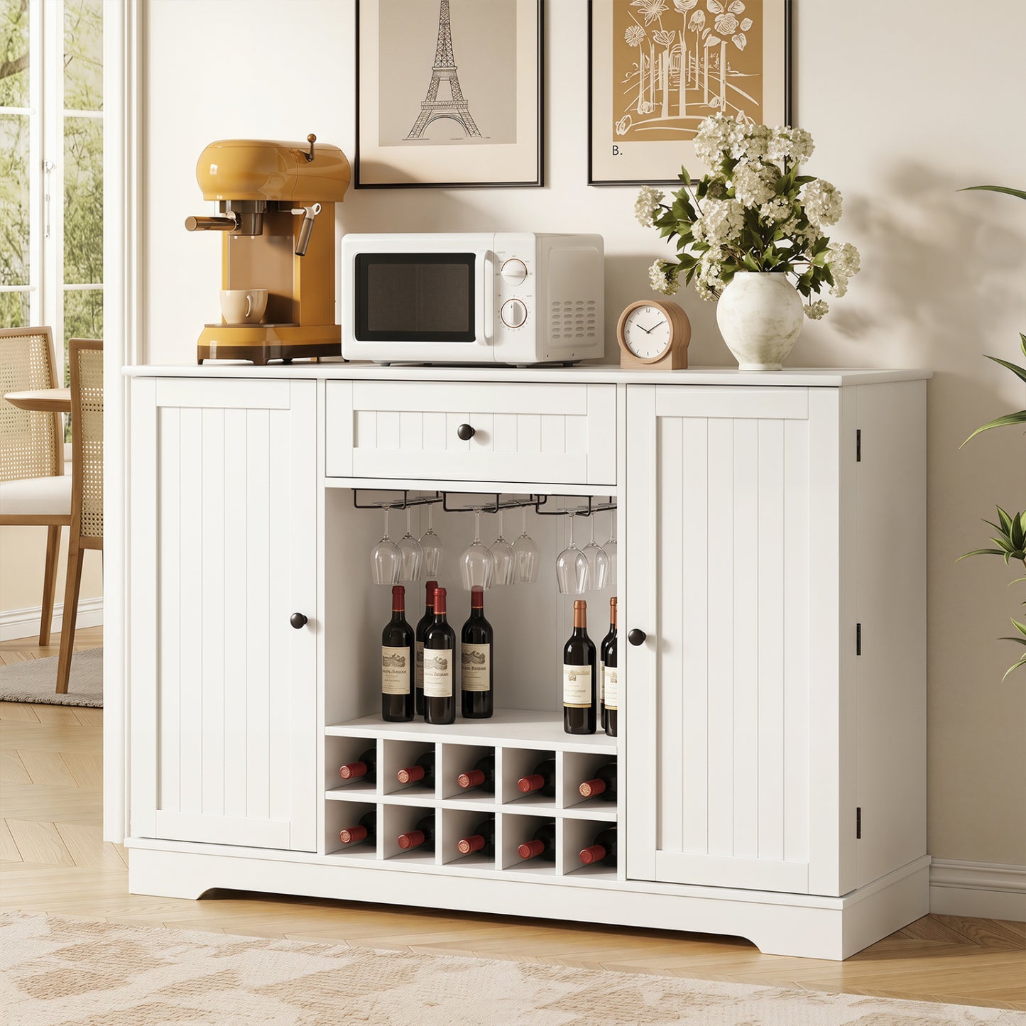 White 47.2-inch sideboard cabinet with door shelves and 10-bottle wine rack, ideal for kitchen or dining room storage.