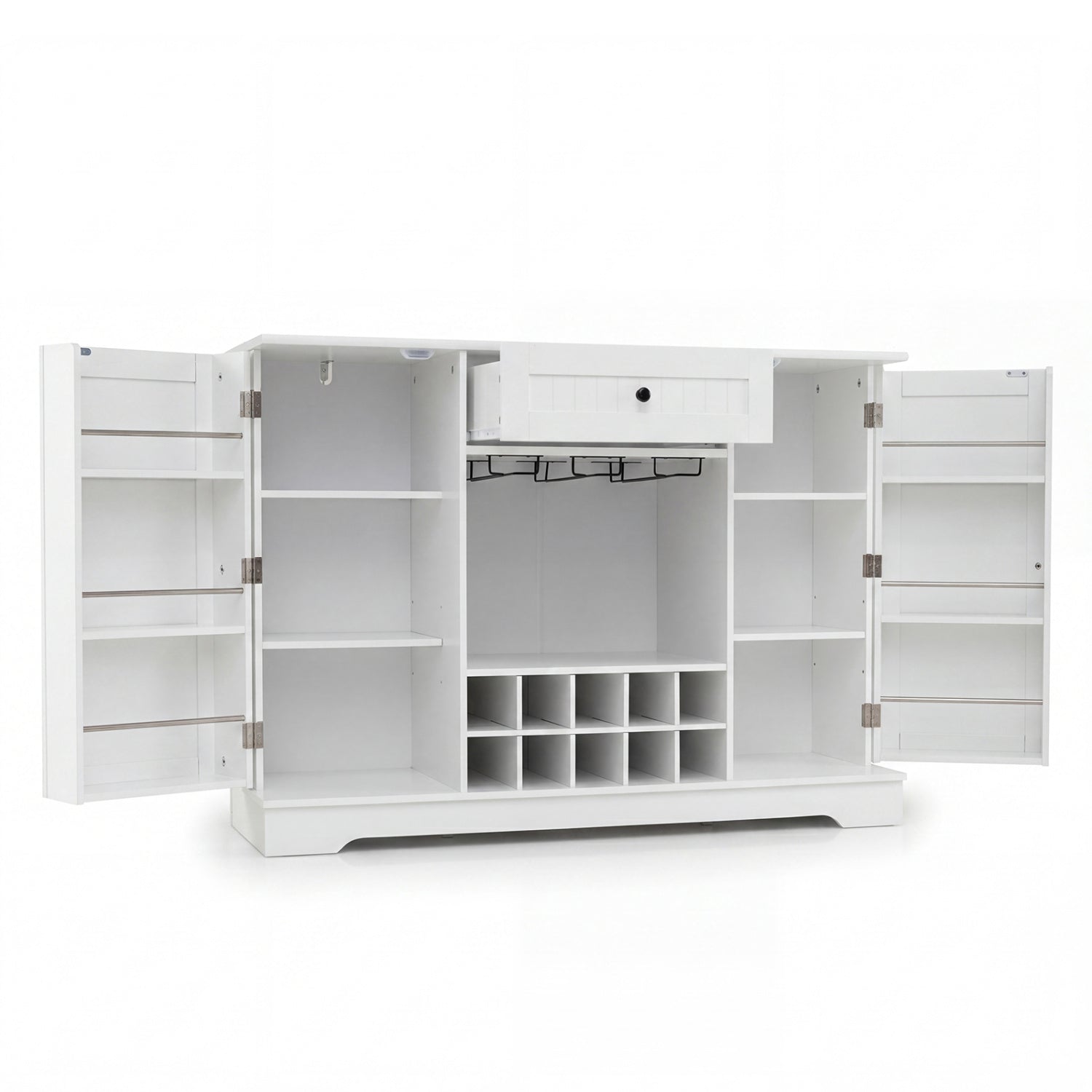 White 47.2-inch sideboard cabinet with door shelves and built-in 10-bottle wine rack, ideal for kitchen and dining storage.
