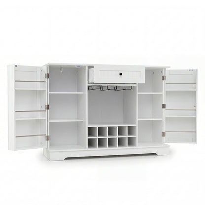 White 47.2-inch sideboard cabinet with door shelves and built-in 10-bottle wine rack, ideal for kitchen and dining storage.