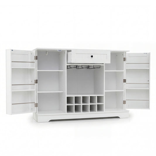 White 47.2-inch sideboard cabinet with door shelves and built-in 10-bottle wine rack, ideal for kitchen and dining storage.