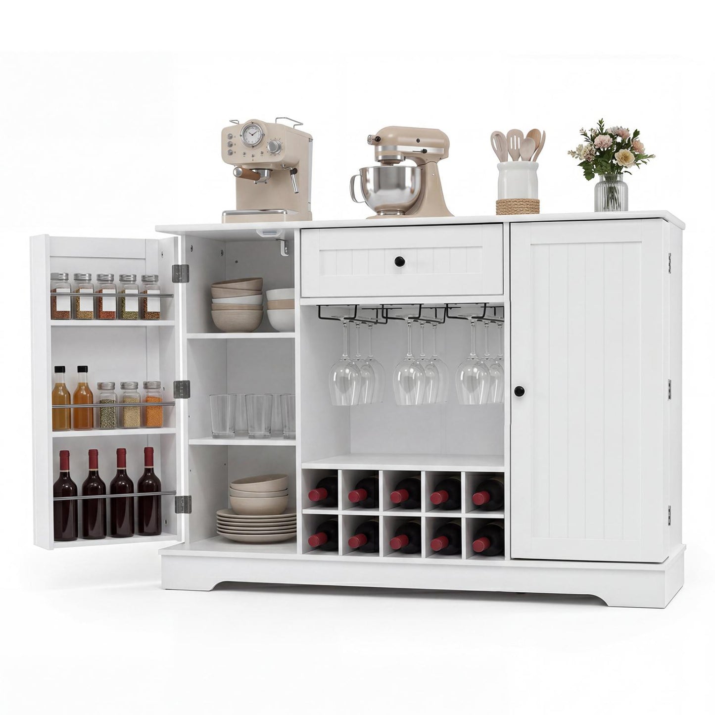 White 47.2-inch sideboard cabinet with door shelves and built-in 10-bottle wine rack, perfect for kitchen and dining storage.