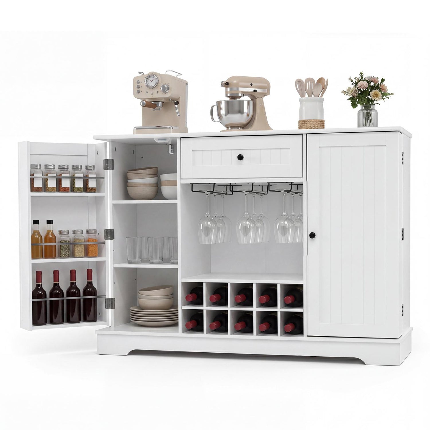 White 47.2-inch sideboard cabinet with door shelves and built-in 10-bottle wine rack, perfect for kitchen and dining storage.