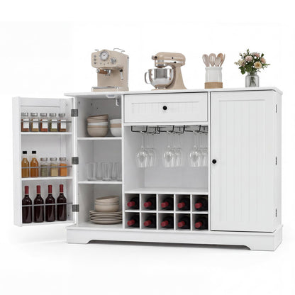 White 47.2-inch sideboard cabinet with door shelves and built-in 10-bottle wine rack, perfect for kitchen and dining storage.