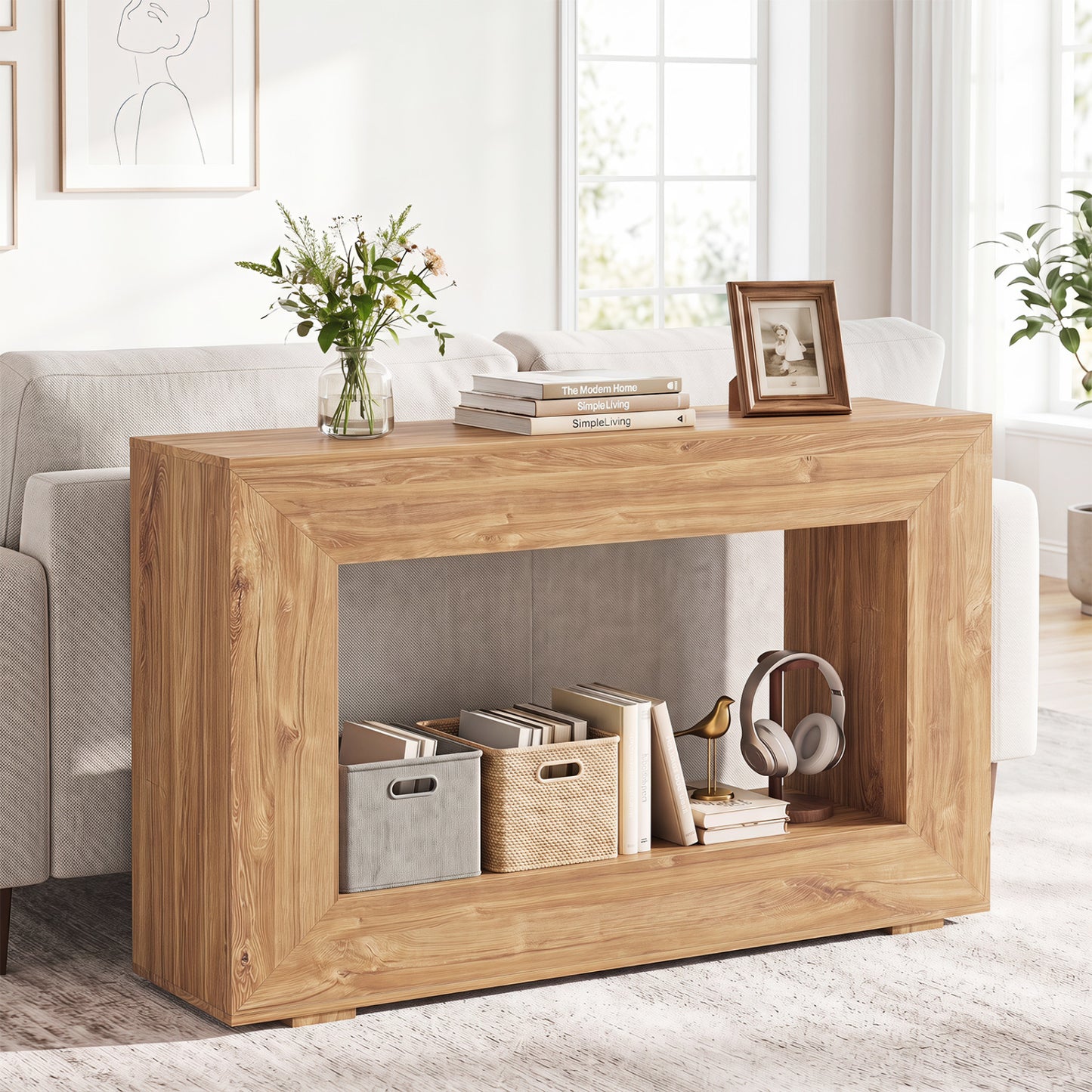 47" 2-Tier Farmhouse Console Table with Open Storage Shelf for Living Room-Natural