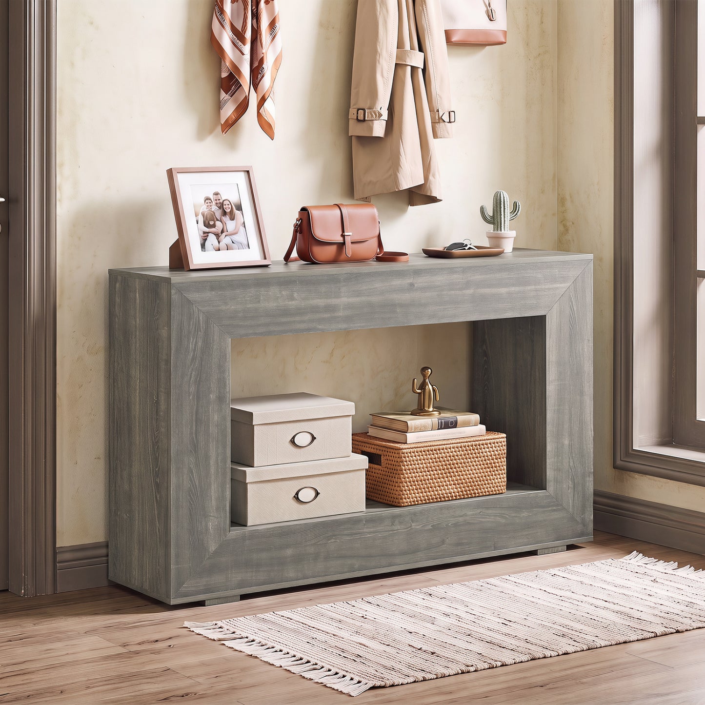 47" 2-Tier Farmhouse Console Table with Open Storage Shelf for Living Room-Natural