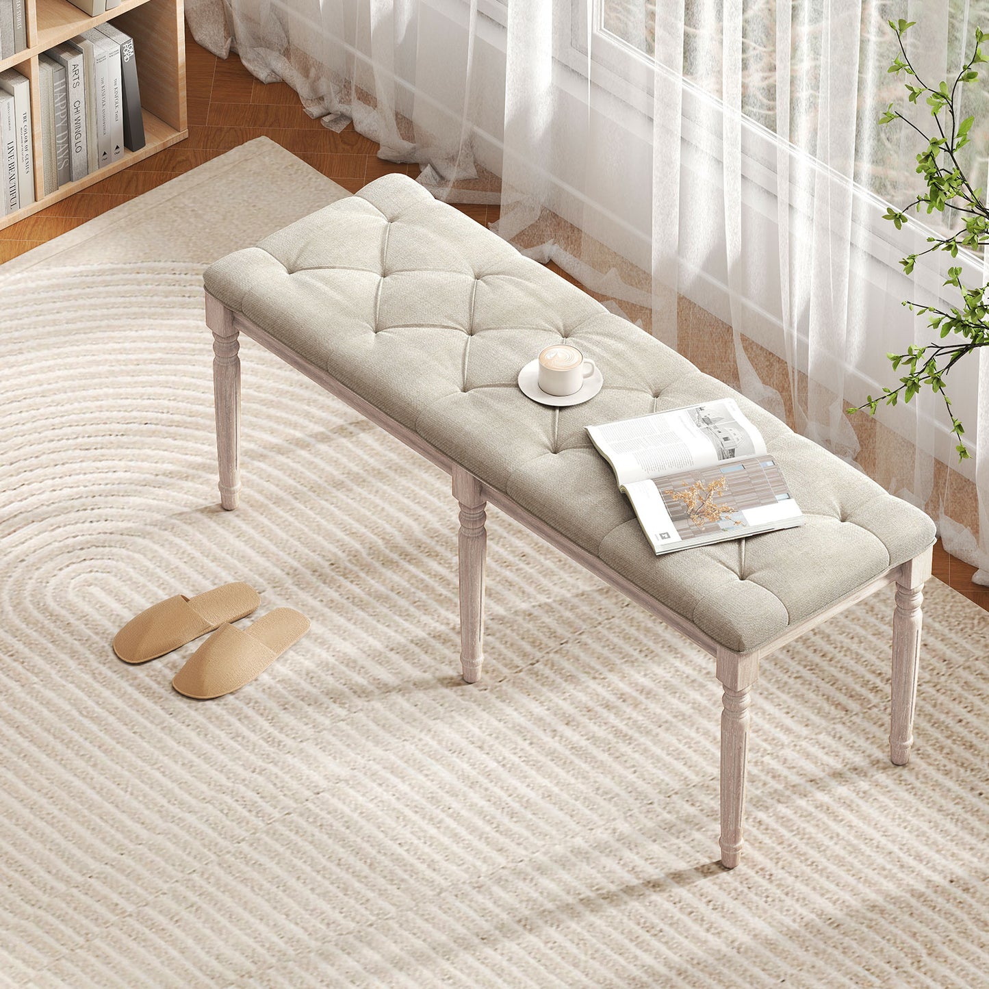 47.5 Inch Upholstered Bench with Carved Rubber Wood Legs and Padded Seat-Beige