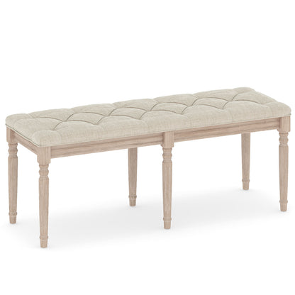 47.5 Inch Upholstered Bench with Carved Rubber Wood Legs and Padded Seat-Beige