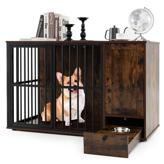 47.5 inch Dog Crate Furniture with Hidden Pull-out Bowls in Drawer for Small and Medium Dogs-Rustic Brown