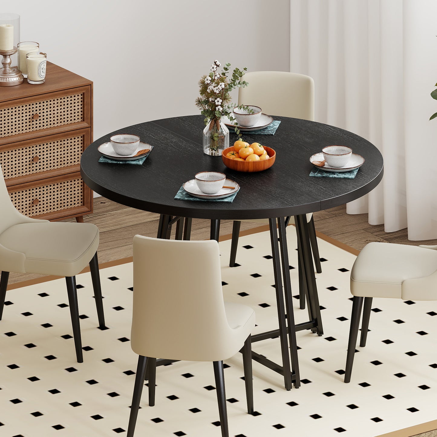 47 Inch Dining Table for 4-6 People Round Kitchen Table with Cross Base-Black