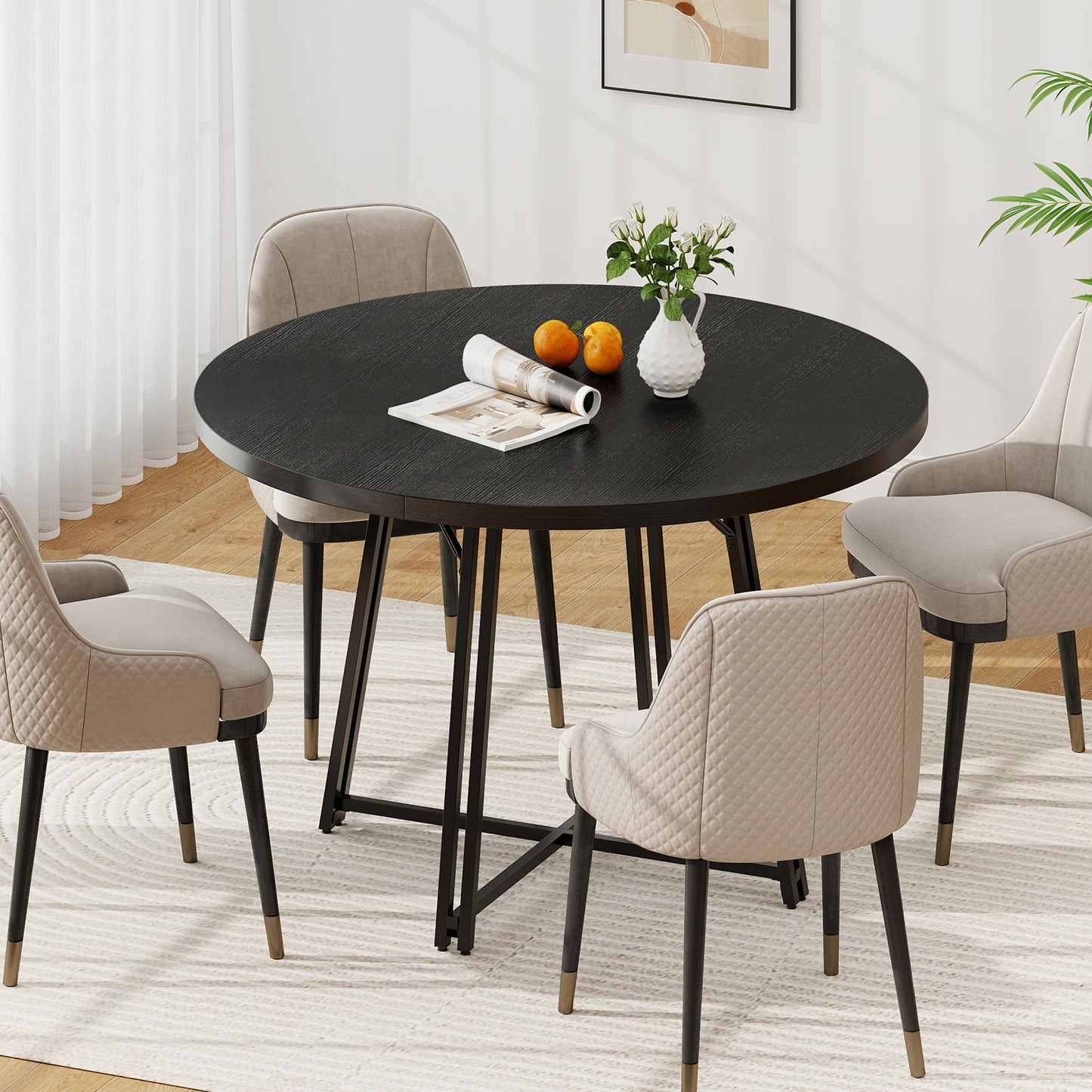 47 Inch Dining Table for 4-6 People Round Kitchen Table with Cross Base-Black