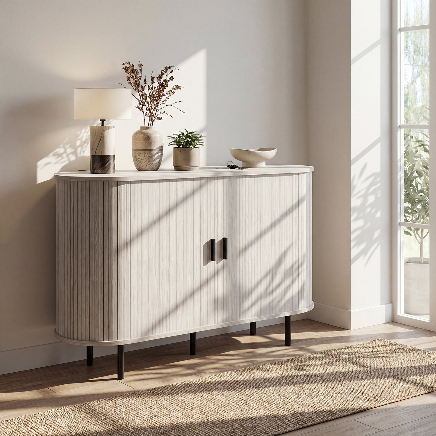 47 Inch Fluted Sideboard Buffet Cabinet with Tambour Sliding Doors and Metal Legs-Grey