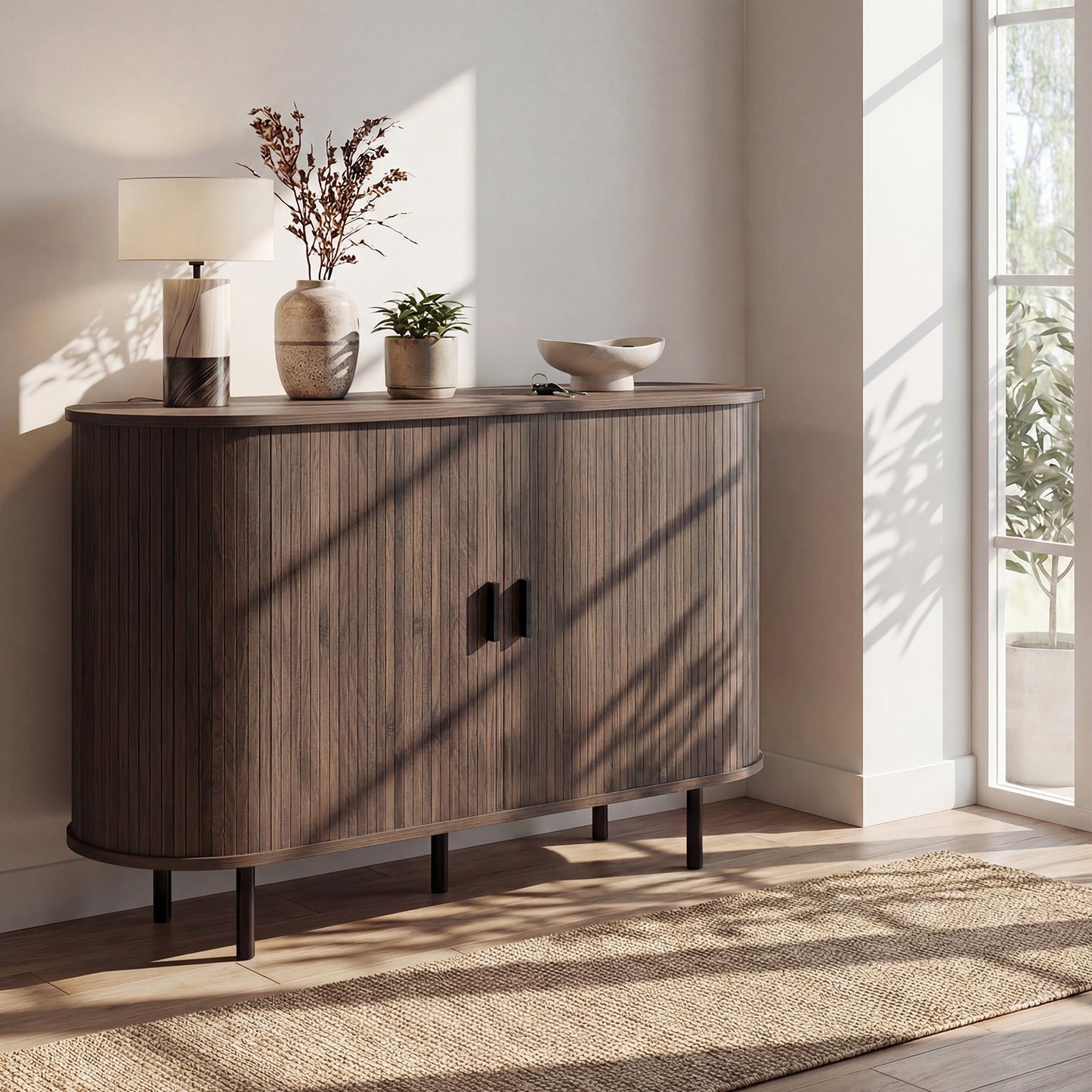 47 Inch Fluted Sideboard Buffet Cabinet with Tambour Sliding Doors and Metal Legs-Grey