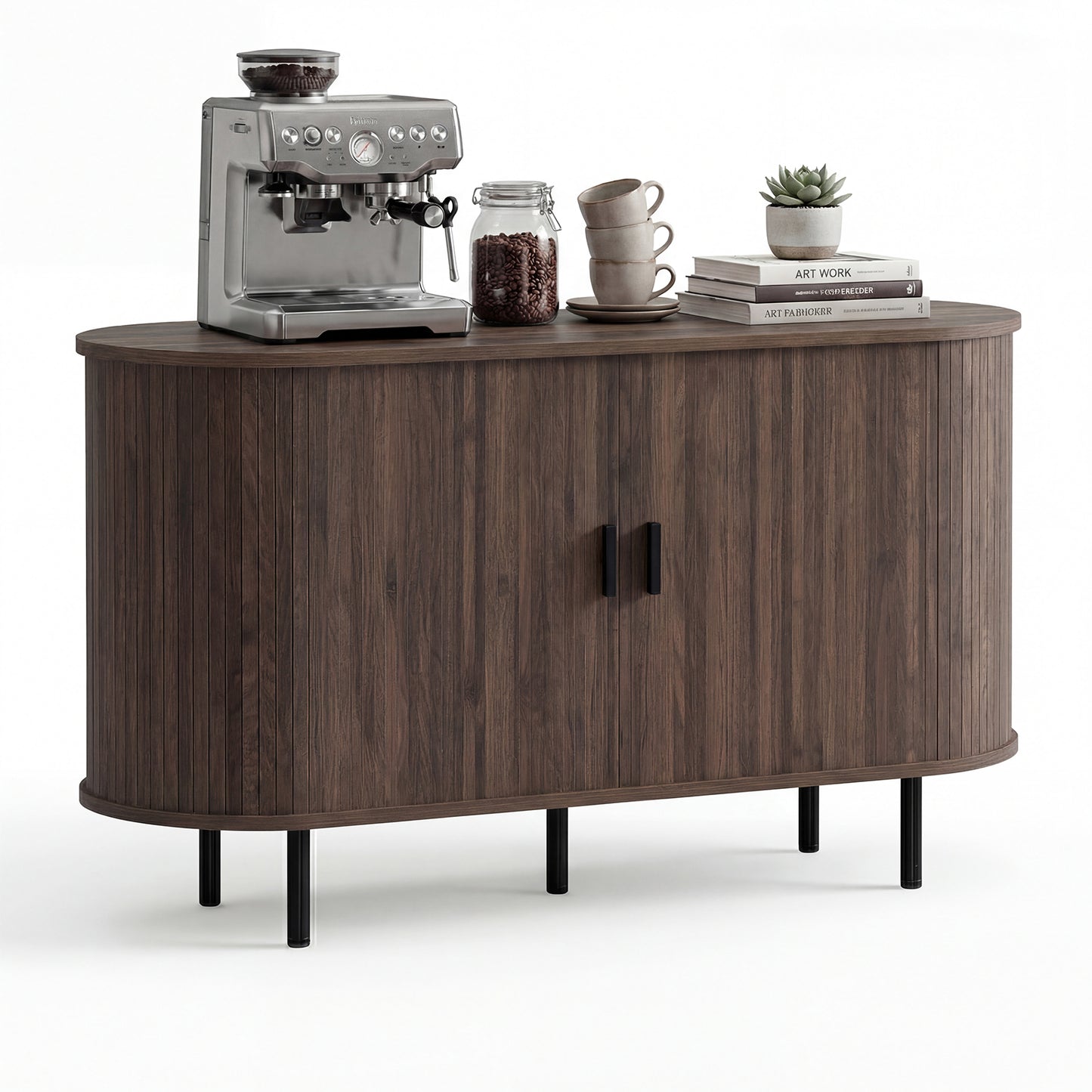 47 Inch Fluted Sideboard Buffet Cabinet with Tambour Sliding Doors and Metal Legs-Grey