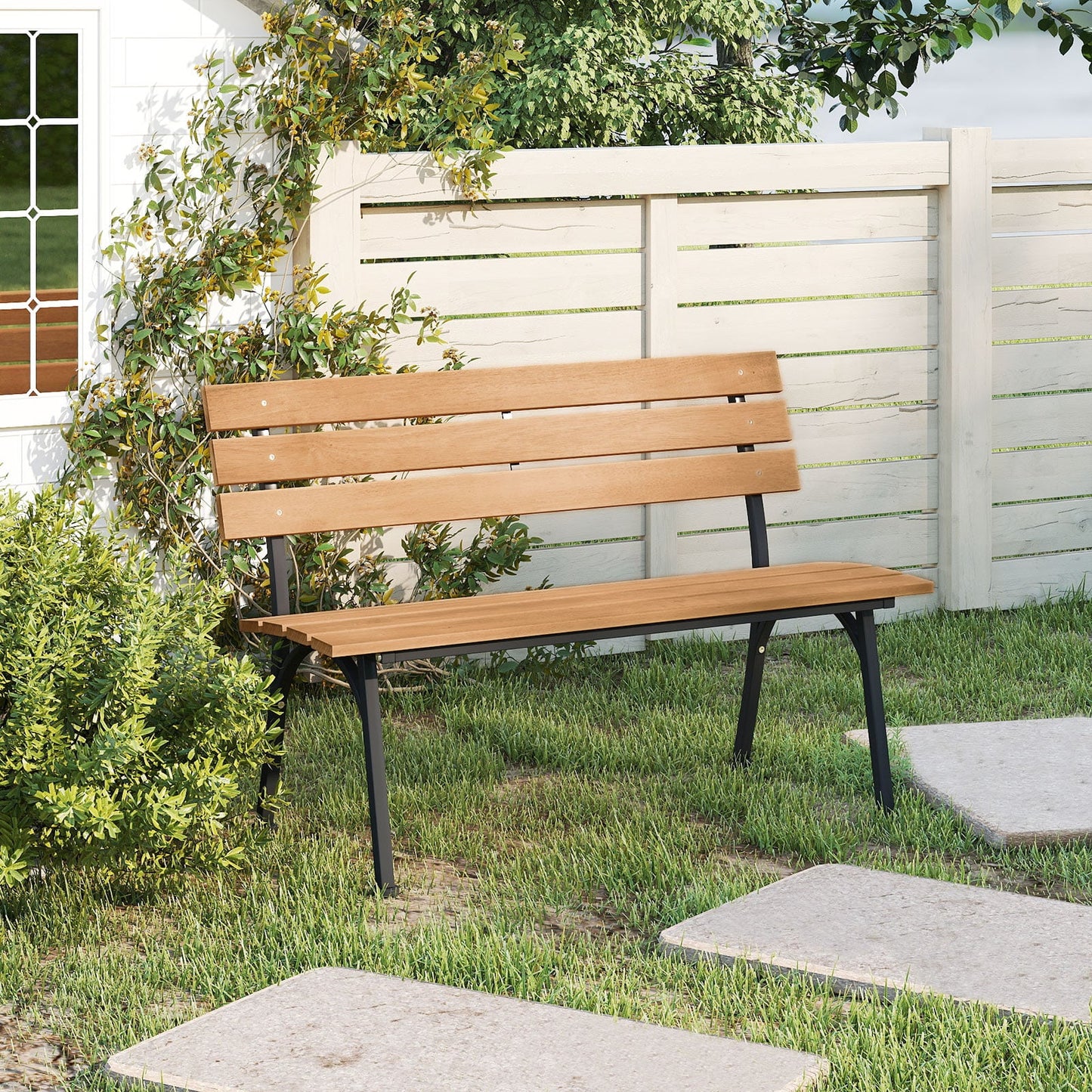 47 Inch Outdoor Acacia Wood Bench with Metal Frame and Slatted Seat
