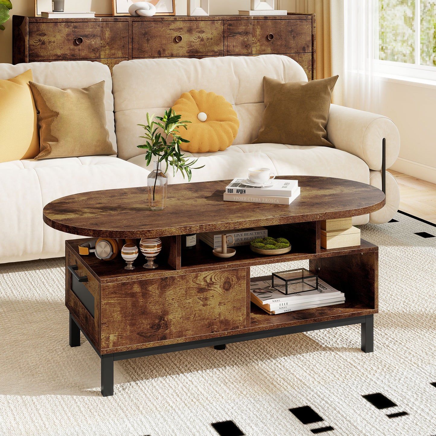 47 Inch Oval Coffee Table with Storage and Open Compartments for Living Room-Natural