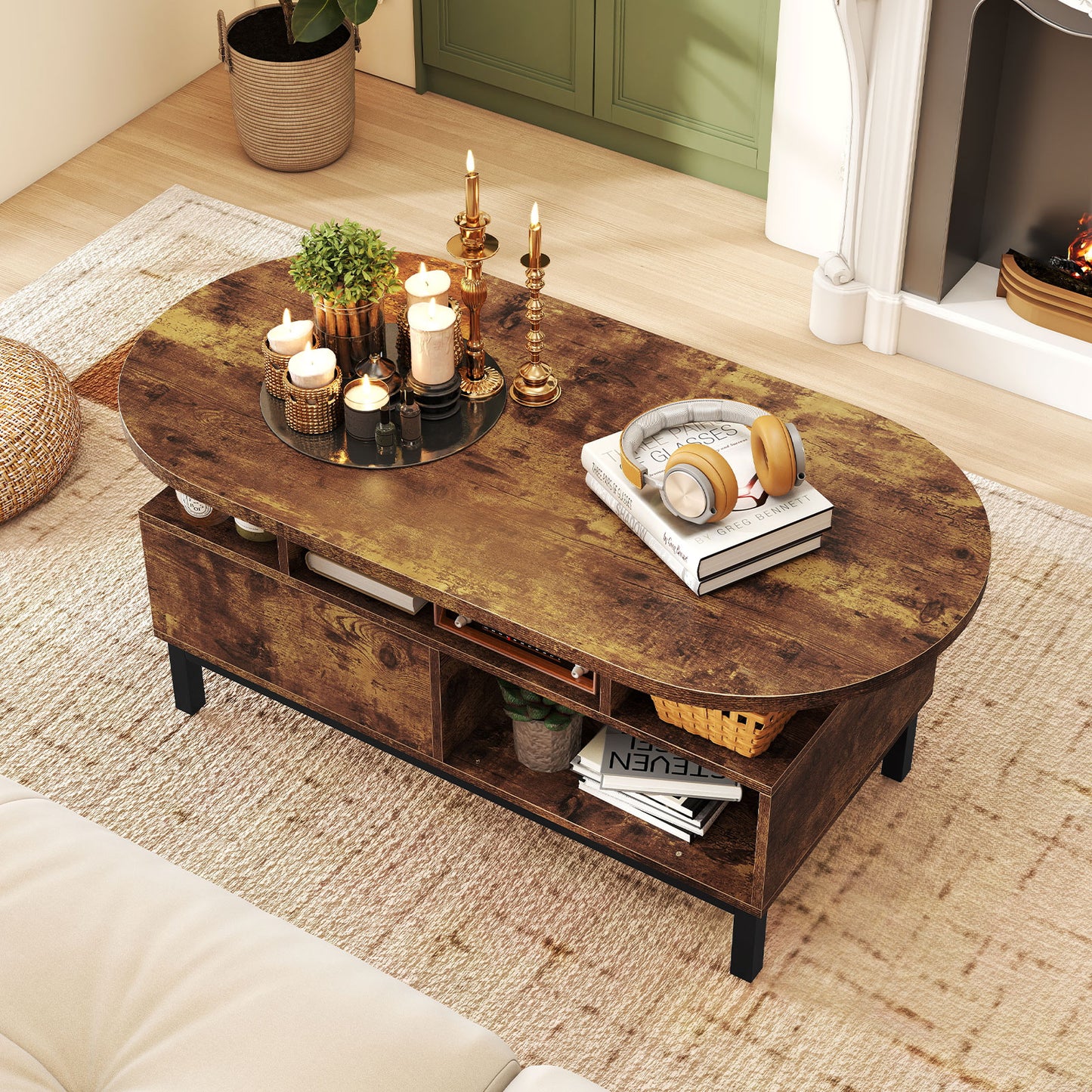 47 Inch Oval Coffee Table with Storage and Open Compartments for Living Room-Natural