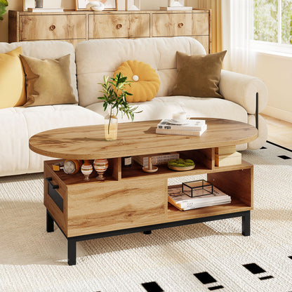 47 Inch Oval Coffee Table with Storage and Open Compartments for Living Room-Natural