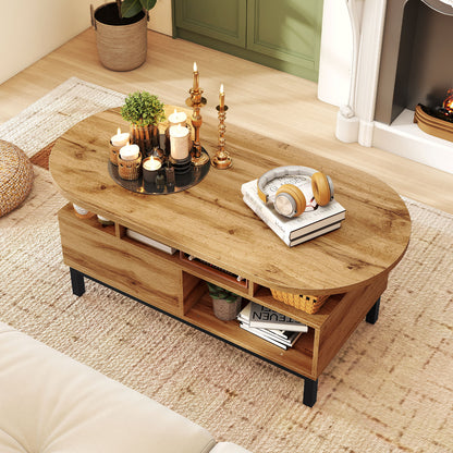 47 Inch Oval Coffee Table with Storage and Open Compartments for Living Room-Natural