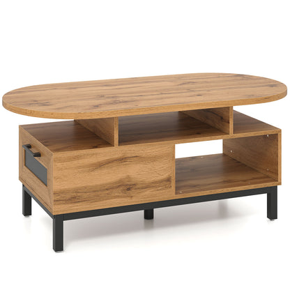 47 Inch Oval Coffee Table with Storage and Open Compartments for Living Room-Natural