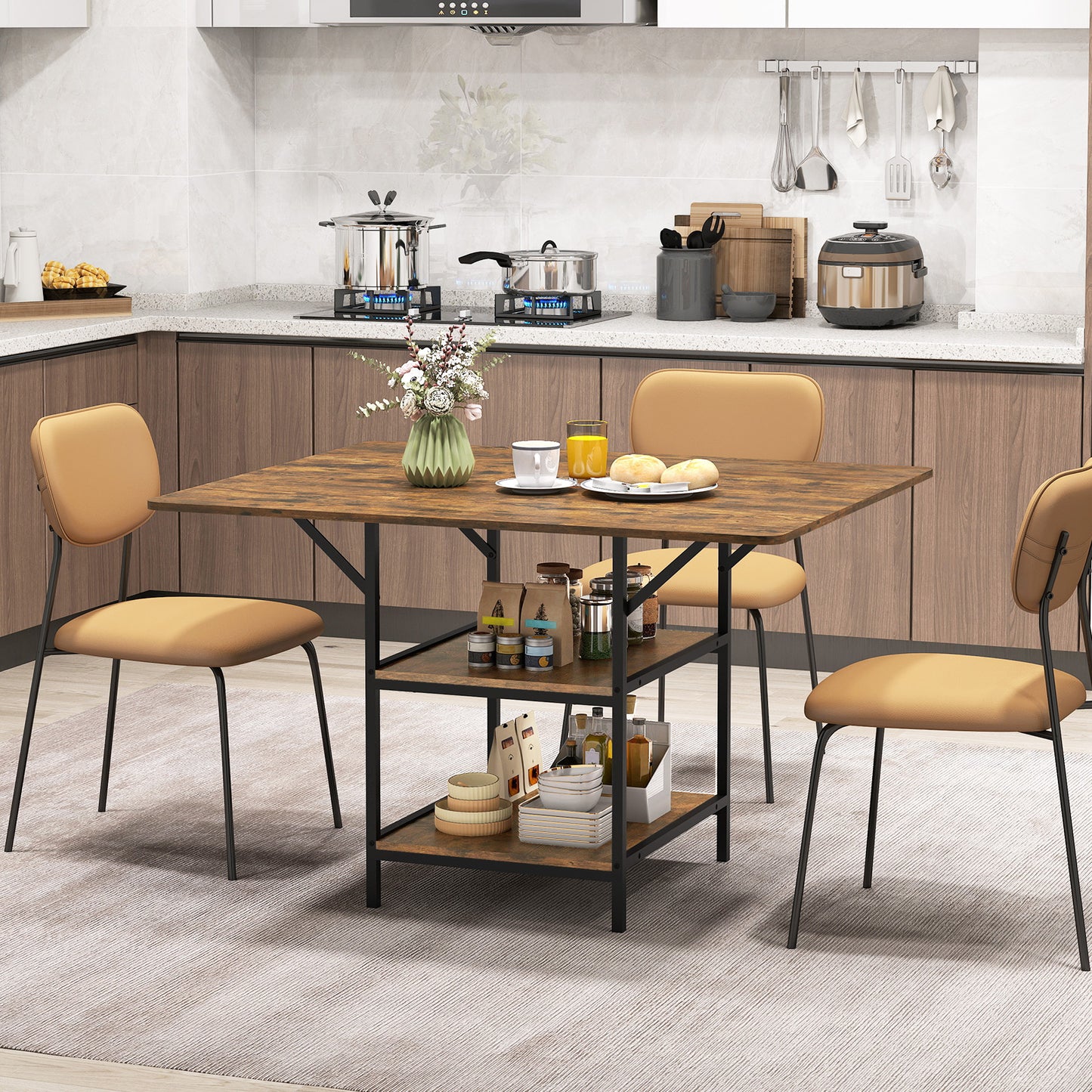 47 Inch Rectangular Dining Table with 2 Open Storage Shelves and Sturdy Metal Legs for 4-6-Black