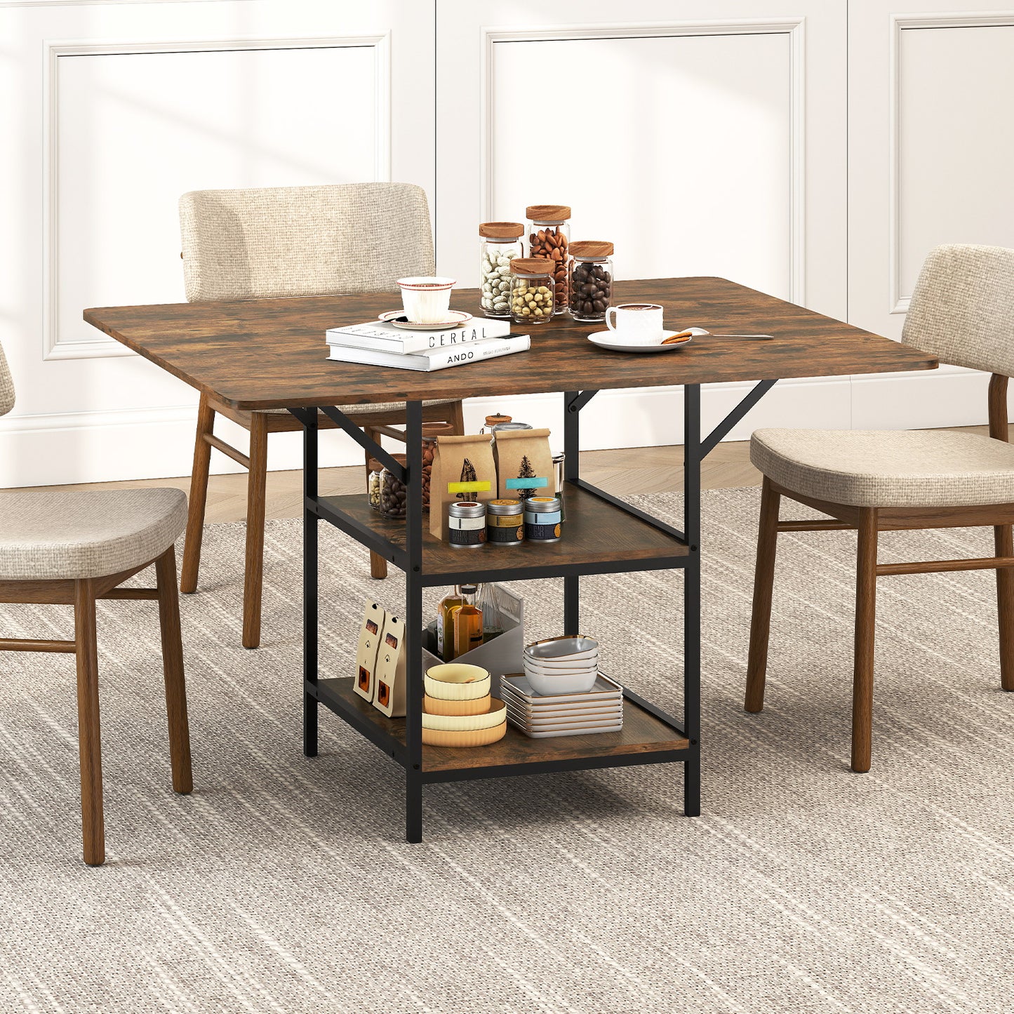 47 Inch Rectangular Dining Table with 2 Open Storage Shelves and Sturdy Metal Legs for 4-6-Black