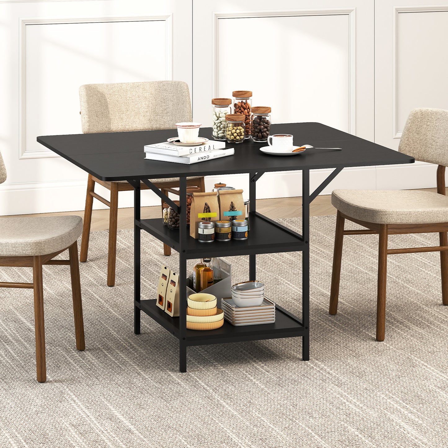 47 Inch Rectangular Dining Table with 2 Open Storage Shelves and Sturdy Metal Legs for 4-6-Black