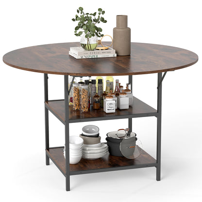 47 Inch Round Dining Table for 4-6 People Large Kitchen Table with 2-Tier Storage Shelves-Black