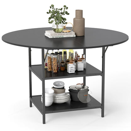 47 Inch Round Dining Table for 4-6 People Large Kitchen Table with 2-Tier Storage Shelves-Black