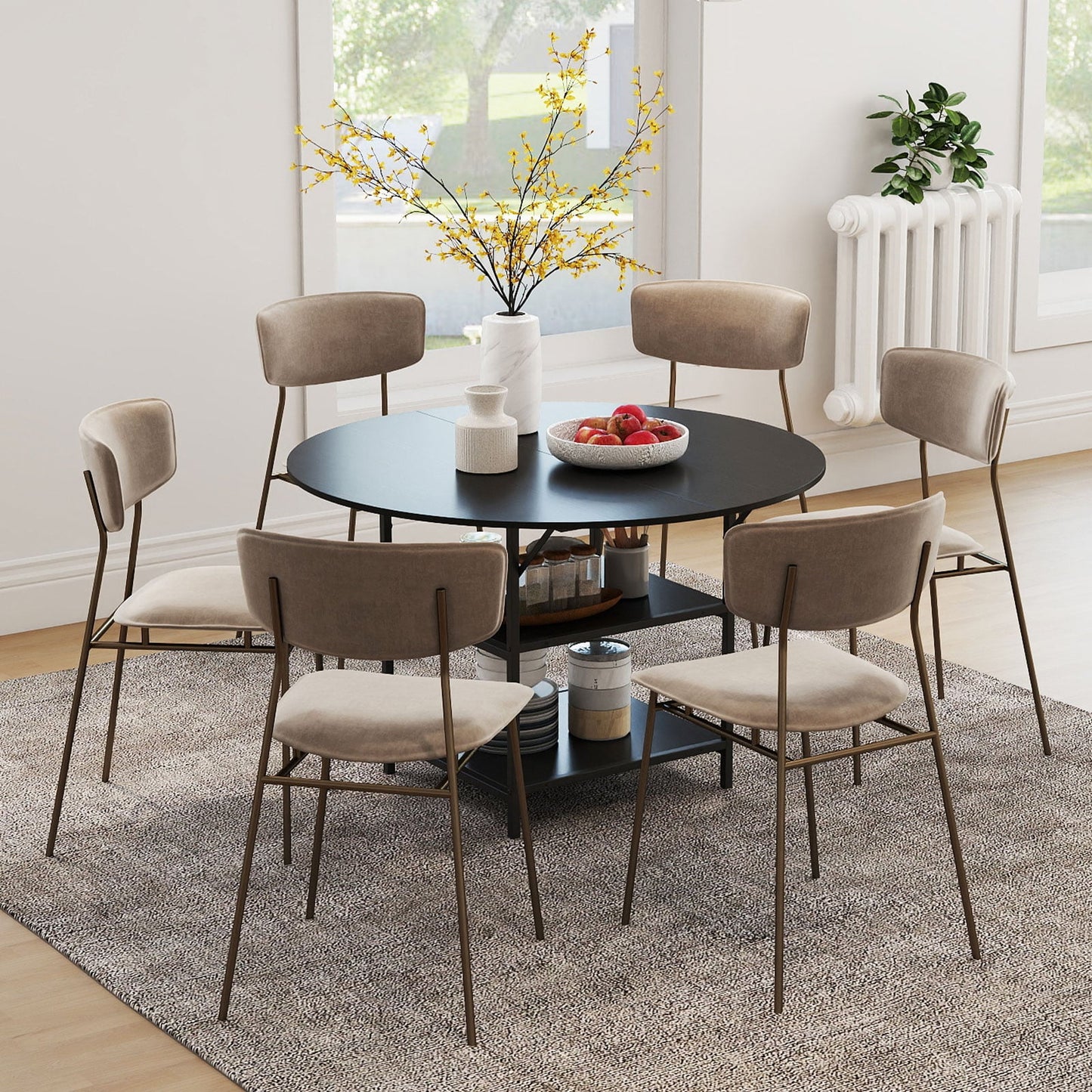 47 Inch Round Dining Table for 4-6 People Large Kitchen Table with 2-Tier Storage Shelves-Black