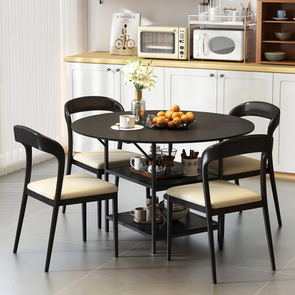 47 Inch Round Dining Table for 4-6 People Large Kitchen Table with 2-Tier Storage Shelves-Black