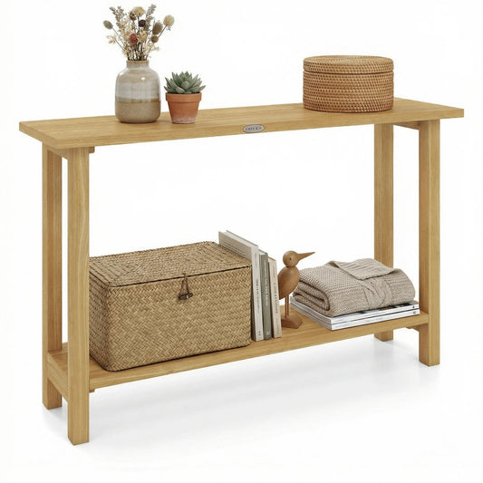 47 Inch Solid Wood Console Table with Teak Wood Frame and Storage Shelf