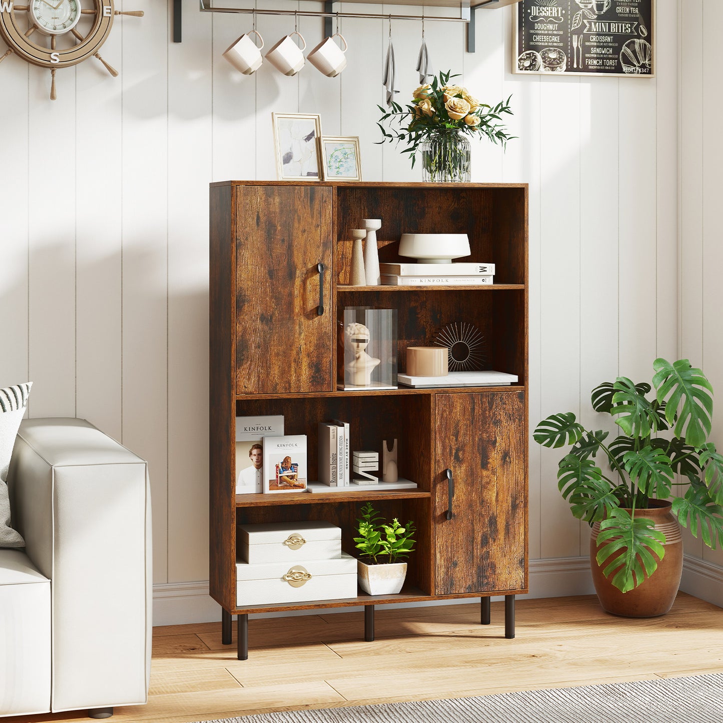47 Inch Storage Cabinet Freestanding Bookcase with 2 Doors and 4 Open Shelves-Natural