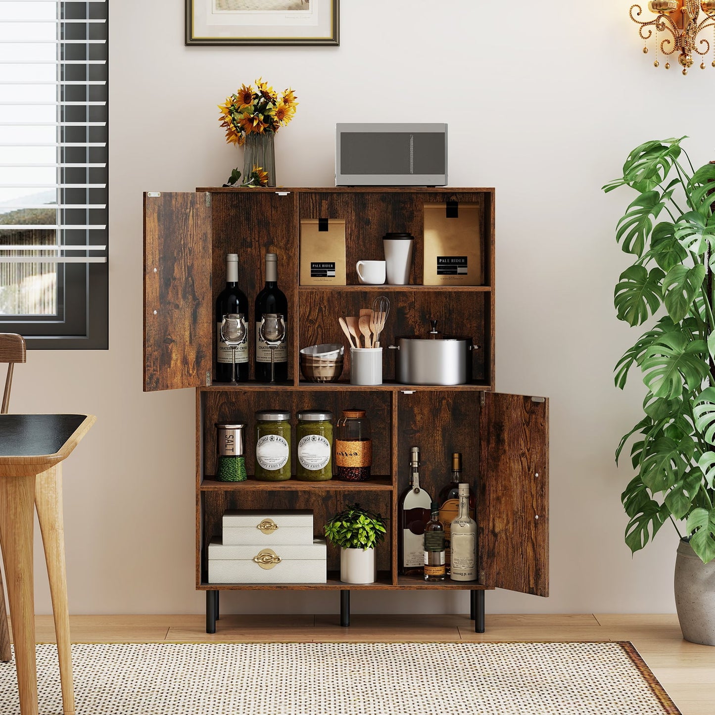 47 Inch Storage Cabinet Freestanding Bookcase with 2 Doors and 4 Open Shelves-Natural