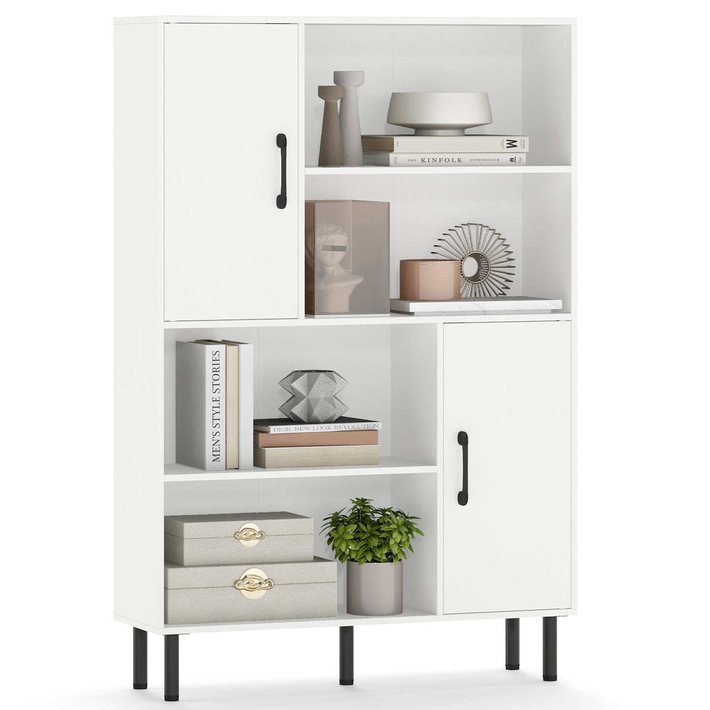 47 Inch Storage Cabinet Freestanding Bookcase with 2 Doors and 4 Open Shelves-Natural