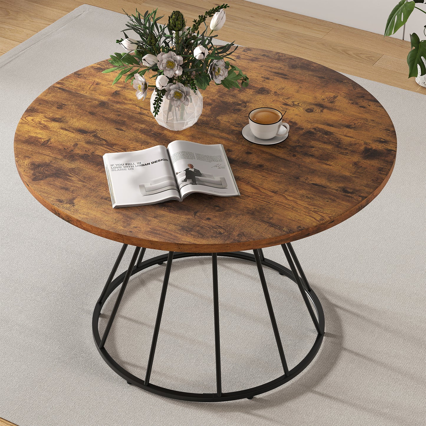 47 Inches Round Dining Table for 4 Farmhouse Kitchen Table with Wooden Tabletop-Black