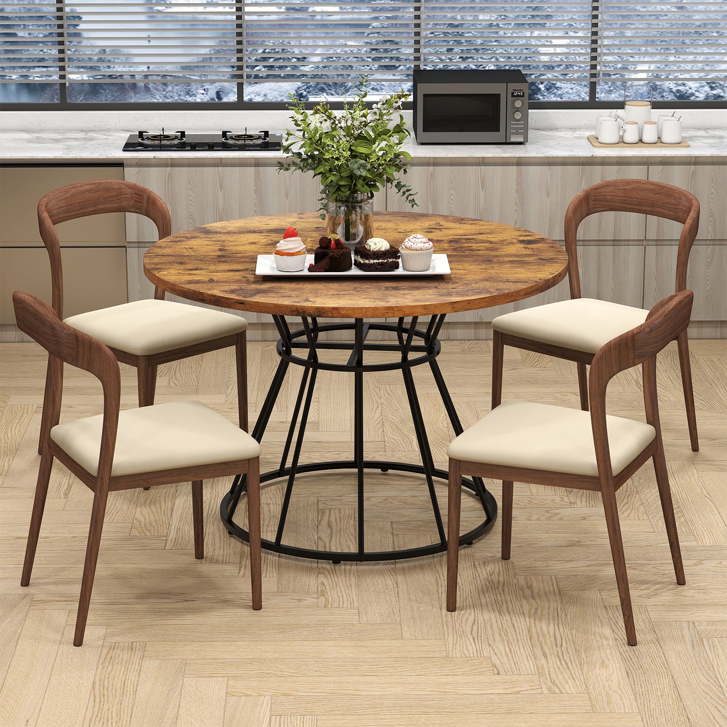 47 Inches Round Dining Table for 4 Farmhouse Kitchen Table with Wooden Tabletop-Black